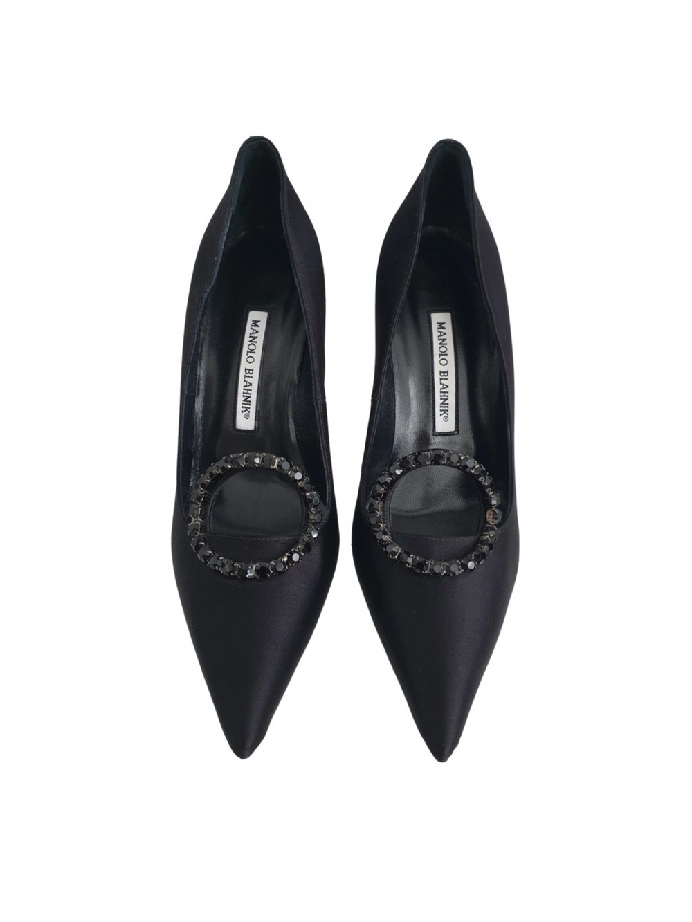Manolo Blahnik Black Satin Pointed Pumps with Crystal Circle Buckle